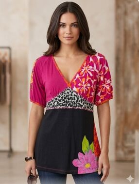Kristi Lee Neon Beaded Boho Mixed-Pattern Vneck Women’s Tunic Large